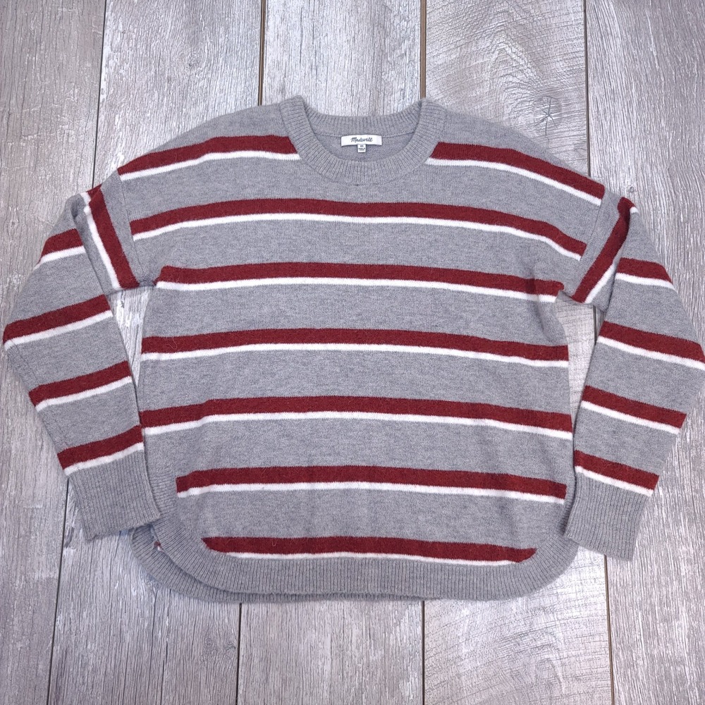 Madewell Sweater Women XS Grey Red Striped Wool Alpaca Blend Crewneck J9869